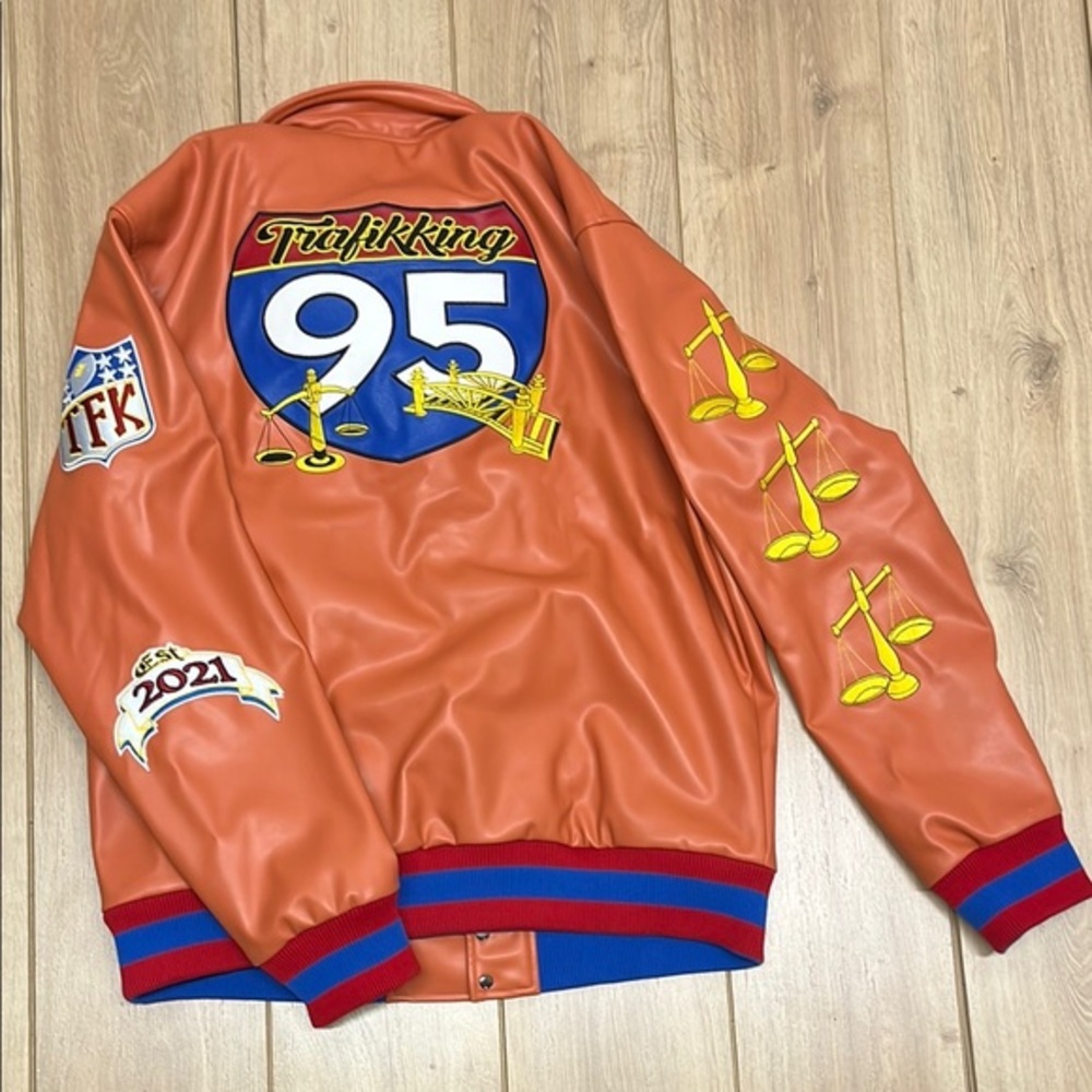 95 Traffikking Leather Varsity Bomber Jacket with Letterman Patches